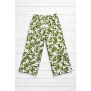 Nicole Miller 100% Linen Pants L Wide Leg Green Tropical Hawaiian Beachy
